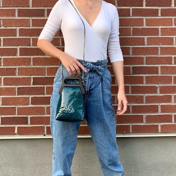 Handmade Genuine Patent Leather Check Print Wooden Frame Pouch/Crossbody - Picture 6 of 16